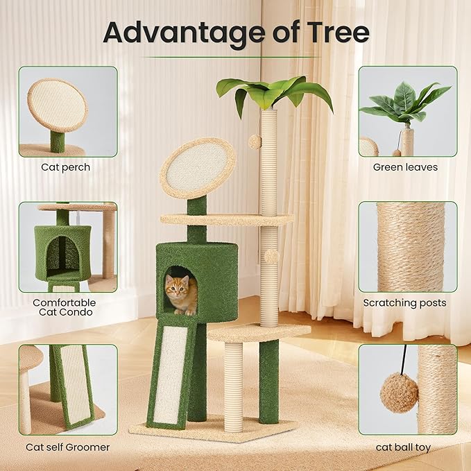 Erinnyees 57" Multi-Level Cat Tower with Hammock, Coconut Cat Tree with Green Leaves, Plush Cat House with Hang Ball Toy and Sisal Scratching Posts Furniture, Green