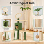 Erinnyees 57" Multi-Level Cat Tower with Hammock, Coconut Cat Tree with Green Leaves, Plush Cat House with Hang Ball Toy and Sisal Scratching Posts Furniture, Green