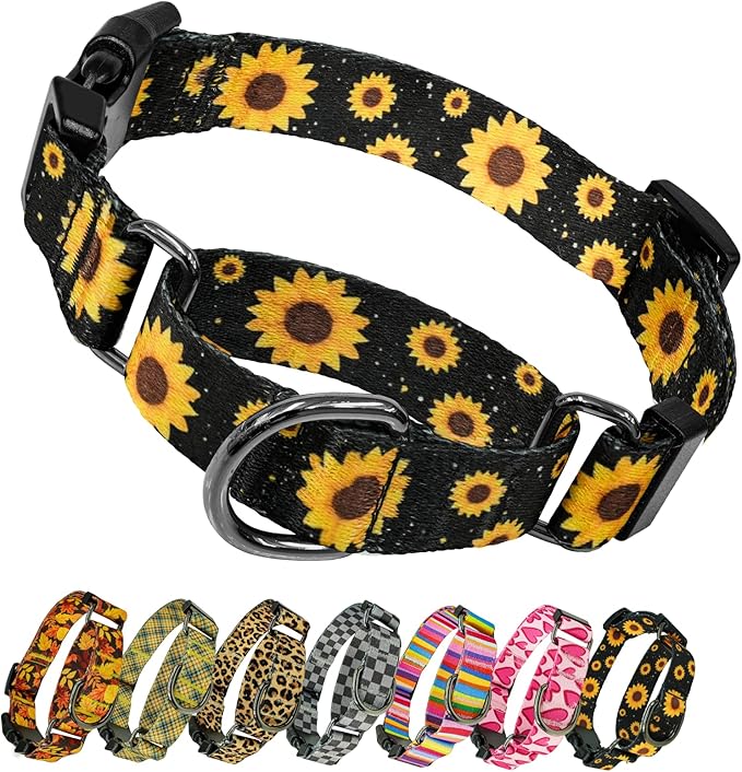 Kazazoo Martingale Collar for Dogs with Quick Release Buckle Adjustable Soft Durable Dog Collar for Small Medium Large No Pull Training Dog Collars-Black Sunflower S