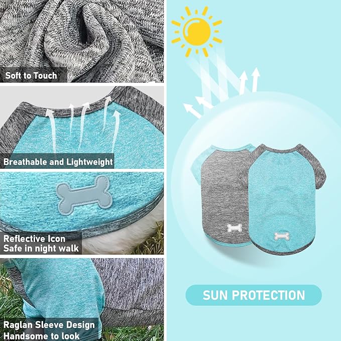 KYEESE 2Pack Dog Shirt with Sleeves, Lightweight Sun Protection Dog T Shirts for Large Dogs Boy, Breathable Pet Tank Top Reflective Dogs Clothes for Summer Outdoor Walking, Grey+Lake, 3XL