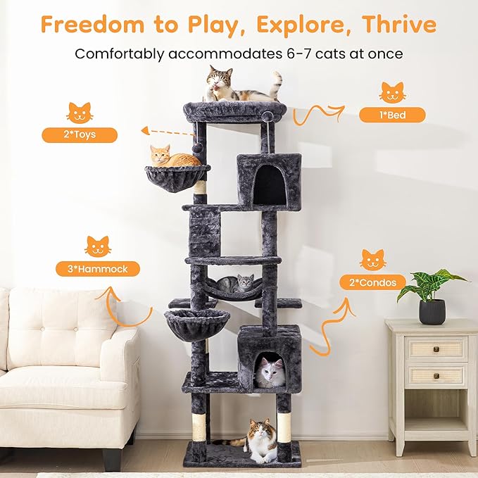 74" Cat Tree Tower with Scratching Posts, Condos, Perch, Hammocks & Toys, Cat Tree for Indoor Cats Large Adult, Ideal for Multi-Cat Households, Dark Gray