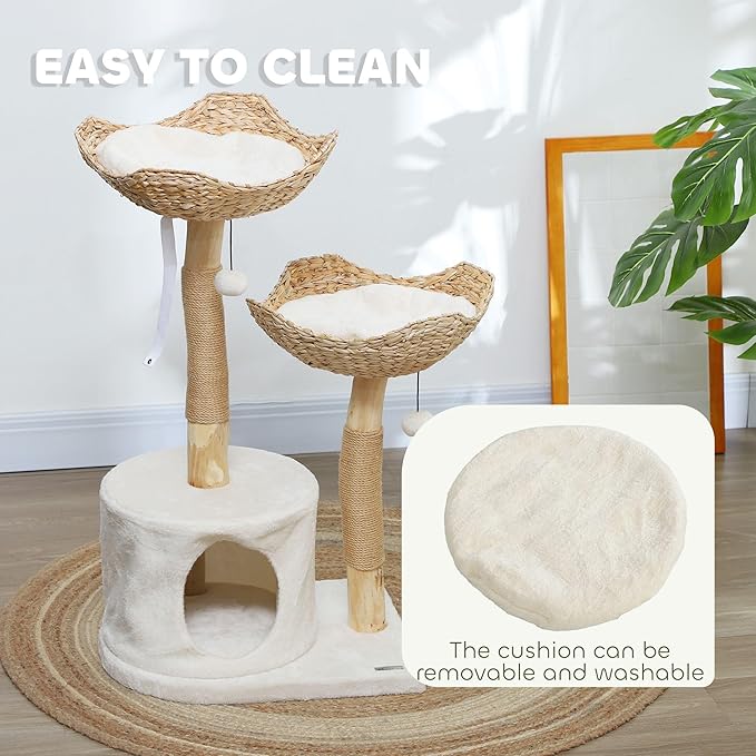37 Inch Cat Tree with Scratching Posts - Modern Wooden Cat Tower with Condo, Plush Beds, Cushions & Toy Balls, Anti-Tip Kit for Indoor Cats, Multi-Level Furniture for Small to Medium Cats