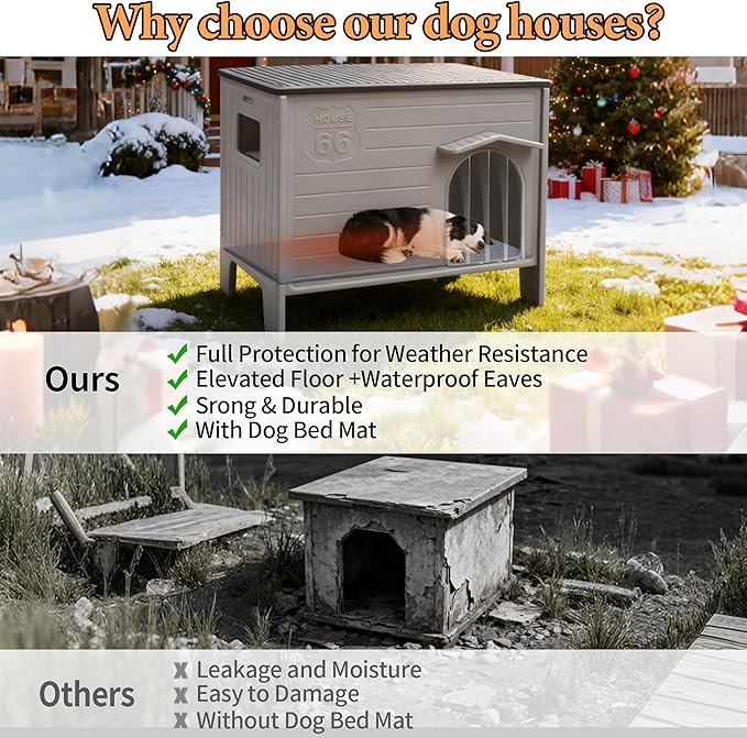 Large Dog House Outdoor with Dog Mat Weatherpoof Plastic Dogs Houses Indoor Waterproof Stray/Pet Dog Shelter Outside for Large and Medium Dogs