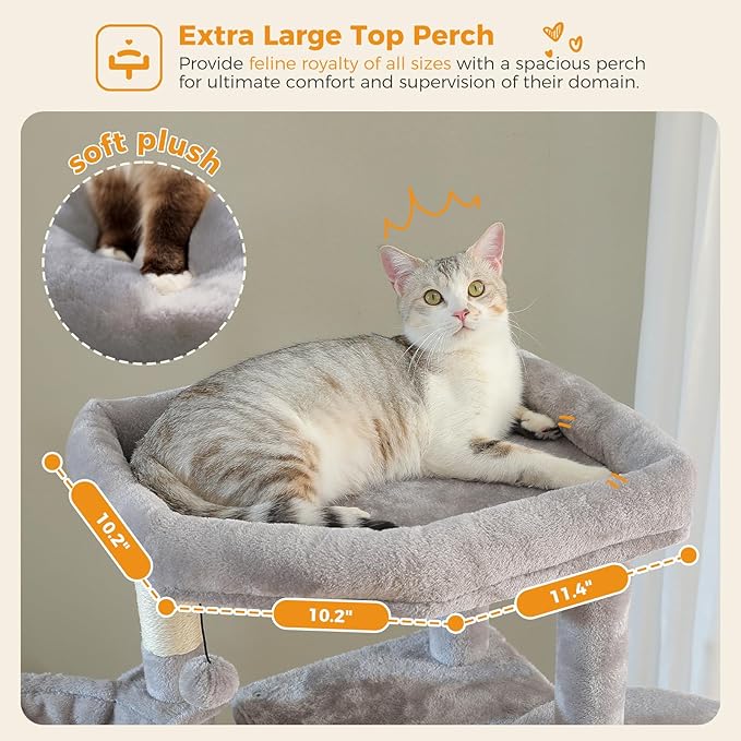 71.2 Inches Tall Cat Tree for Large Cats, Multi-Level Cat Tower with 2 Cozy Condos, Super Large Top Perch, 3 Hammocks, Sisal Scratching Posts and 2 Pompoms, Grey