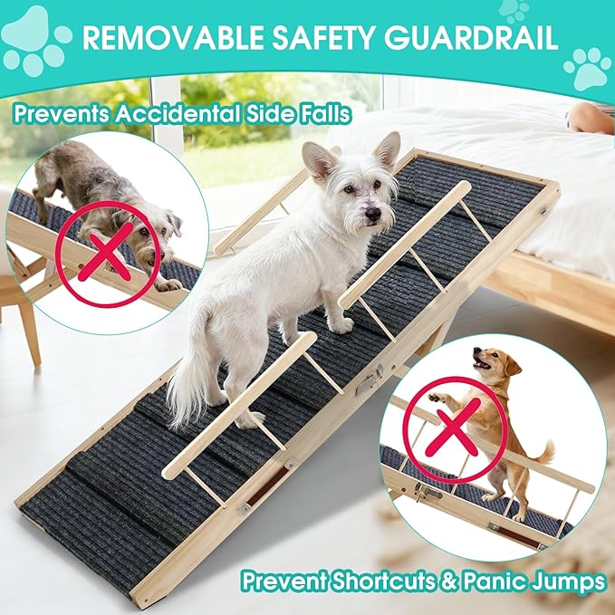 In hand Dog Ramp for High Bed with Safety Rails, Adjustable Foldable Pet Steps Ramp with Anti-Slip Pad, Assist Senior Arthritic, Injured, Small to Large Dogs to Climb Couch Bed Stairs Easily