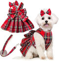 PETCARE Cute Dog Dress Clothes for Small Dogs Cats Girl Female Red Plaid Bow Tie Dog Harness Dresses Leash Set with Pearls Bow Accessories Birthday Puppy Dress Shih Tzu Yorkies Chihuahua Outfits