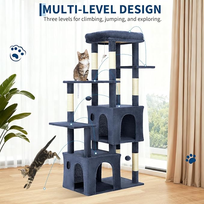 Blue 61" Heavy Duty Cat Tree for Large Indoor Cats & Maine Coon, Fresh Multi-Level Cat Tower with Extra Large Perch, 2 Spacious Condos, Natural Sisal Scratching Posts & Interactive Toys