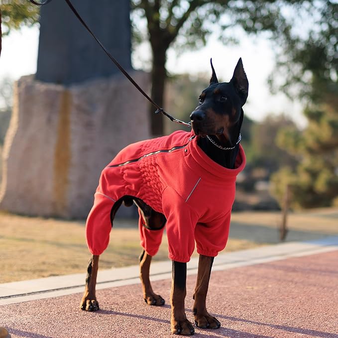 Lovelonglong Warm Dog Coat, Windproof Dog Jacket for Small Medium Large Dogs, 4 Legged Fleece Dog Winter Coat Zippered Closure Dog Outdoor Jacket Red S