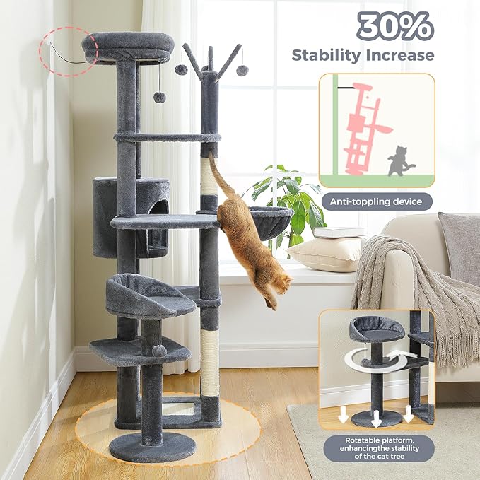 Large Cat Tree for Indoor Cats, 59" Tall Cat Tower with 3 Removable Pompom Sticks, Spacious Condo, Large Hammock and Scratching Posts, Sturdy Play House for Large Cats,Dark Grey