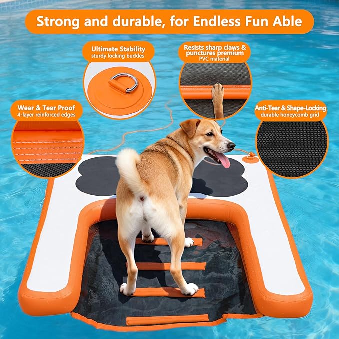VOFiTNY Dog Pool Ramp 4.6ft x 3.3ft x 4in Inflatable Puppy Water Raft Plank Portable Pup Mat Floating Doggy Floats Ladder Boat Lake Play Bright Orange
