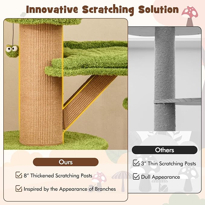 PETSITE 58 Inch Forest-Themed Cat Tree, Multi-Level Cat Tower with 2 Cute Condos, Plush Perch, Teasing Balls, Sisal Posts, Hidden Cave, and Removable Cushions, Modern Cute Cat Tree for Indoor Cats