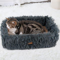 Fluffy Cat Scratcher Bed Box with Removable Cardboard, Corrugated Board Rectangular Cat Scratching Bed Lounge, Pet Scratch Pad for Furniture Protection (Dark Gray)