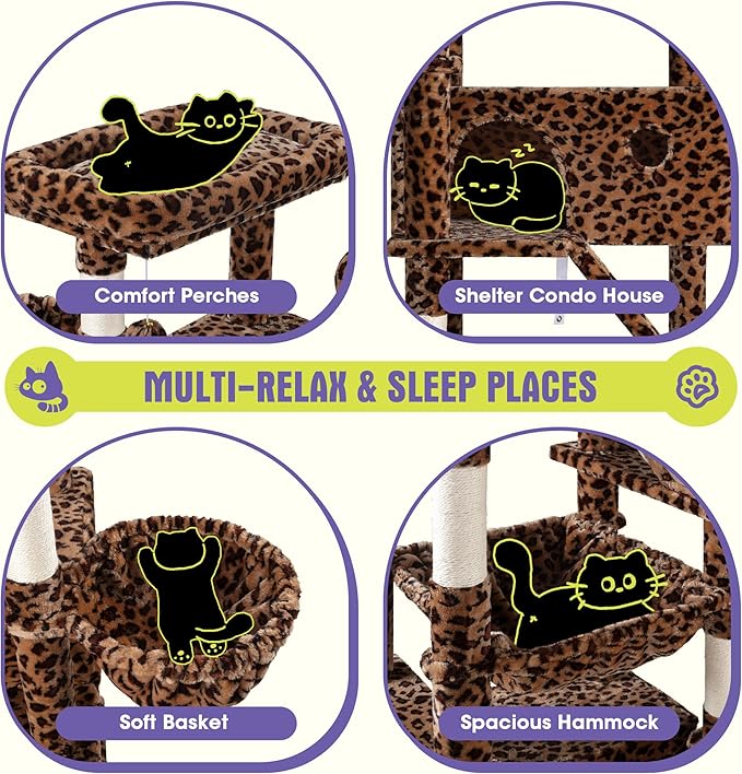 WEEWAY Cat Tree Tower for Indoor Cats,81'' Multi-Level Cat Furniture Activity Center,Stand House Condo Cave,Sisal Scratching Posts Ramps,Plush Perches Platforms Basket Hammock,Leopard Print