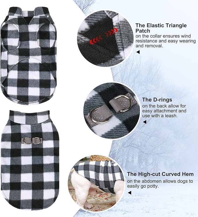 BEAUTYZOO Small Dog Sweater Fleece Vest Winter Jacket, D-Ring Leash Attachment for XS S Puppy Medium Sized Breeds Dogs, Cold Weather Dog Clothes Windproof Keep Warm, Classic White Plaid S