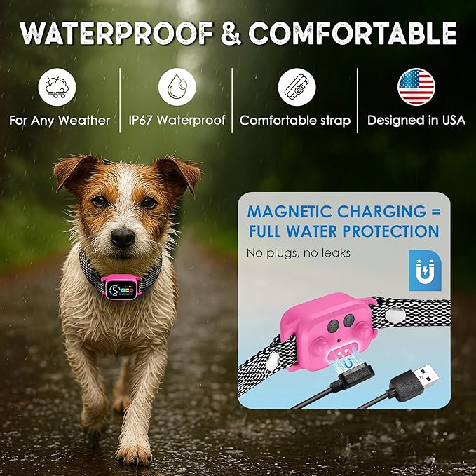 Bark Collar for Small Dogs 8-40 lbs – No Shock Anti Barking Collar with AI Chip – 3 Modes & 5 Sensitivity Levels – Waterproof, Rechargeable, Magnetic Charging – Humane, Effective Training (Pink)