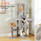 Large Cat Tree for Indoor Cats, 59" Tall Cat Tower with 3 Removable Pompom Sticks, Spacious Condo, Large Hammock and Scratching Posts, Sturdy Play House for Large Cats, Grey