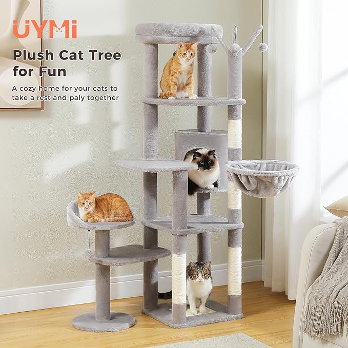 Large Cat Tree for Indoor Cats, 59" Tall Cat Tower with 3 Removable Pompom Sticks, Spacious Condo, Large Hammock and Scratching Posts, Sturdy Play House for Large Cats, Grey