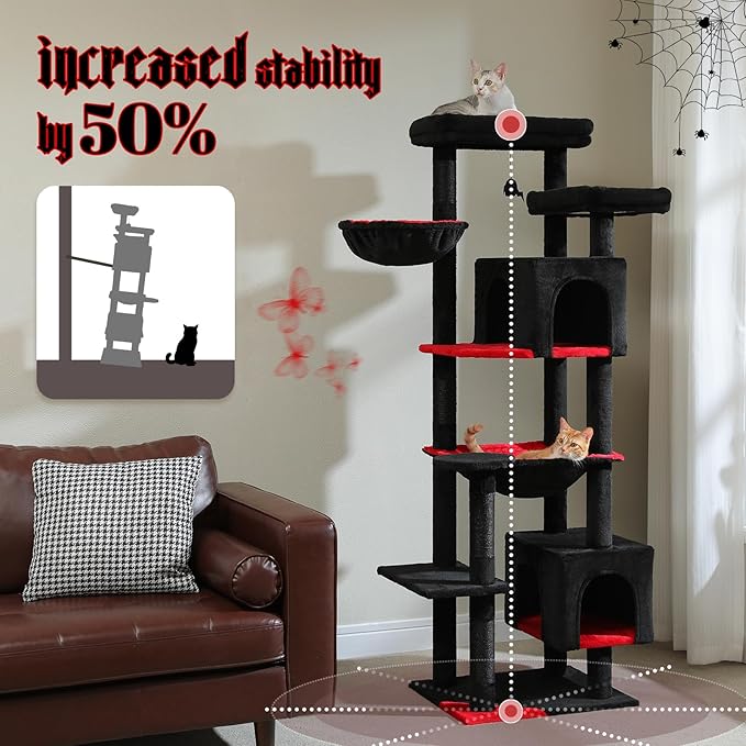 PETEPELA 69" Gothic Cat Tree for Indoor Large Cats, Cat Tower for Adult Cats with Big Hammock [18.5''X15.3''], Cat Climbing Tree Tower with Scratching Posts, Condo House and Large Top Perch, Black