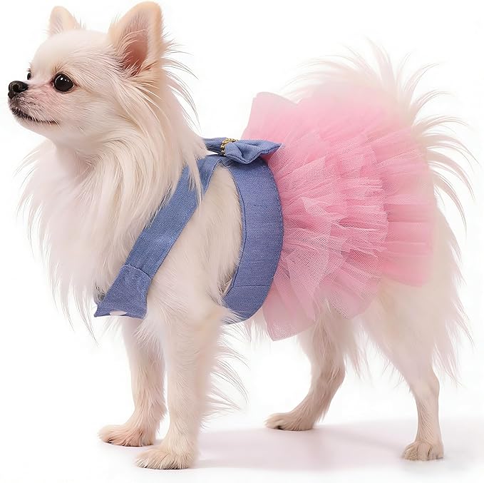 Dog Dress, Fashion Puppy Tutu Princess Dresses for Small Dogs Girl, Sweet Skirt with Dog Bowknot Clips, Spring Dog Cat Clothes Pet Apparel (Denim Dress Tutu, Medium)