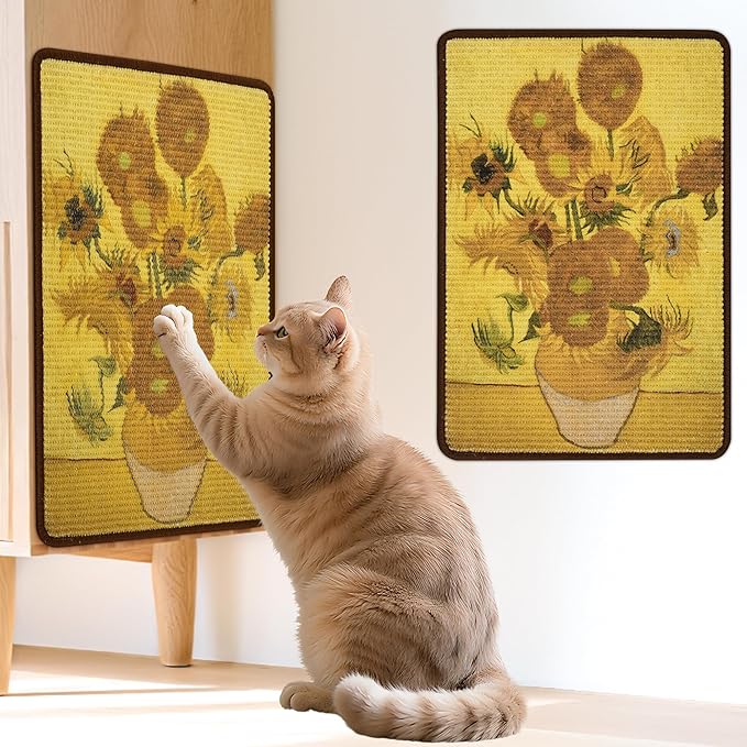 Sisal Cat Scratcher Mat, Cat Wall Scratcher for Indoor Cats, 23.6x15.7 Inch Cat Scratch Pad with Hook & Loop, Wall Mounted Cat Scratching Post to Protect Couch and Carpet（Helianthus）