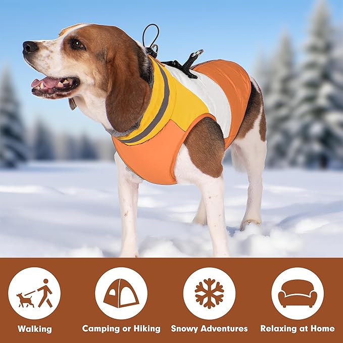 azuza Dog Jacket for Small Dogs Waterproof Dog Coat with Reflective Strips and Harness Built in Warm Fleece Dogs Winter Coat Windproof with Back Zipper, Orange M