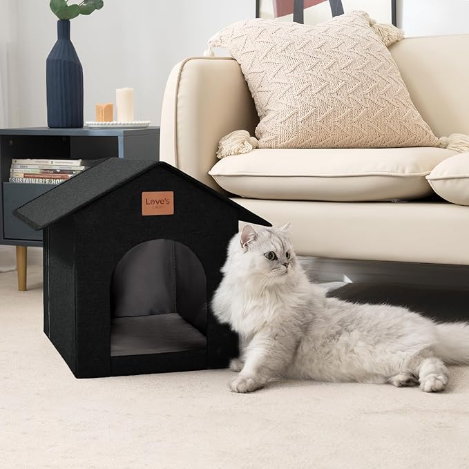 Love's cabin Outdoor Cat House Weatherproof, Insulated Feral Cat House Outdoor for Winter, Waterproof Outside House for/Indoor Cats, Shelter with Removable Soft Cushion,Black