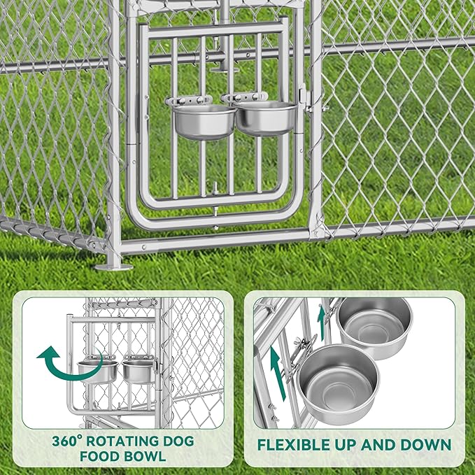 DWVO 14.8'x14.8' Dog Kennel Outdoor with Rotating Feeder Bowls, Outdoor Dog Pens with Roof, Heavy Duty Dog House for Medium Large Dogs