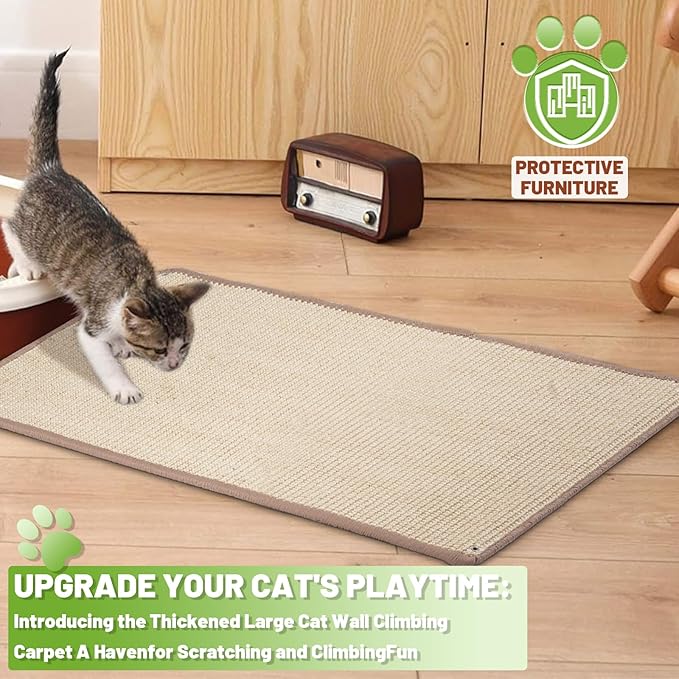Natural Sisal Cat Scratching Mats 2 Packs,Cat Scratch Furniture Protector,Wall Mounted Wall Climbing Carpet, Horizontal Cat Scratcher Rugs Carpets Mats for Wall Couch Protection，23.6" Lx15.7 W
