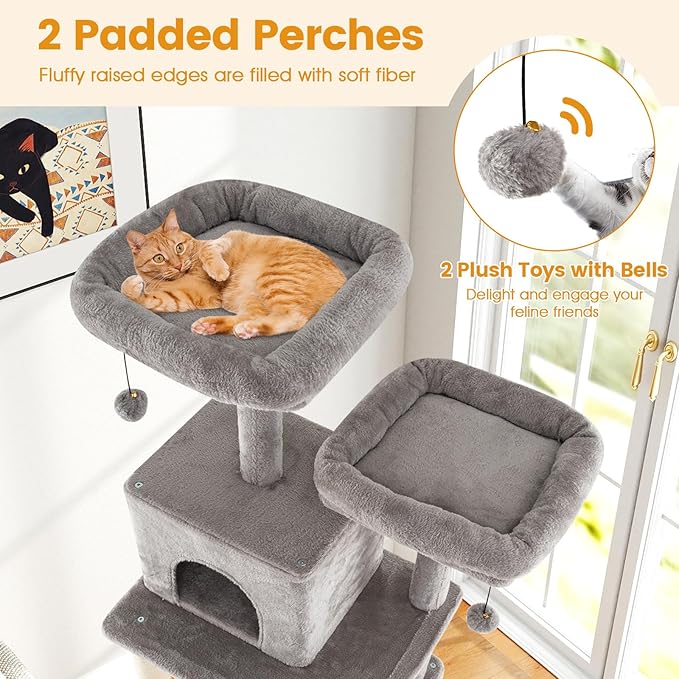 PETSITE 81 Inches Tall Modern Cat Tree, Multi-Level Cat Tower with Sisal Scratching Posts, 2 Private Condos, 2 Hanging Jingling Ball, Hanging Sisal Rope, 2 Top Perches, and Multiple Jumping Platforms