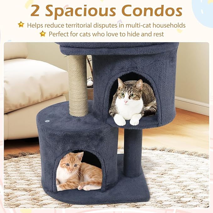Tangkula Small Cat Tree for Indoor Cats, 26 Inch Cat Tower with Sisal Scratching Posts, Dual Cat Condos with Large Padded Push Perch, Modern Cat Climbing Furniture Activity Center (Dark Grey)