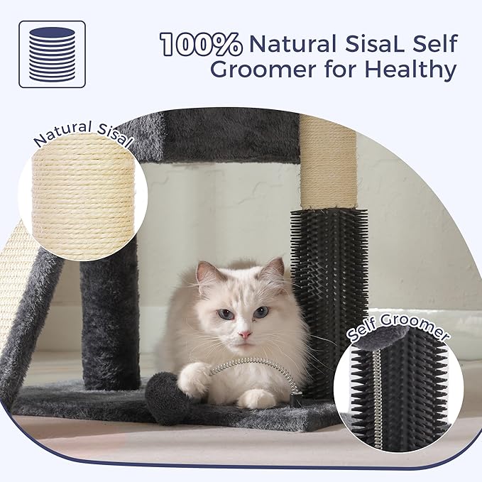 Small Cat Tree Tower for Large Cats with Spacious Top Bed 20x13.8”Private Cat Condo,Sisal Scratching Post and Ramp and Self Groomer and Spring Ball-Dark Grey