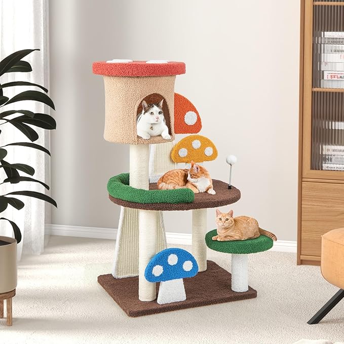 Mushroom Cat Tree, Multi-Layer Cat Tower with 2 Condos & Platforms, Cat Activity Center with Full-Wrapped Sisal Posts, Sisal Scratching Boards & Interactive Balls for Indoors (40.5")