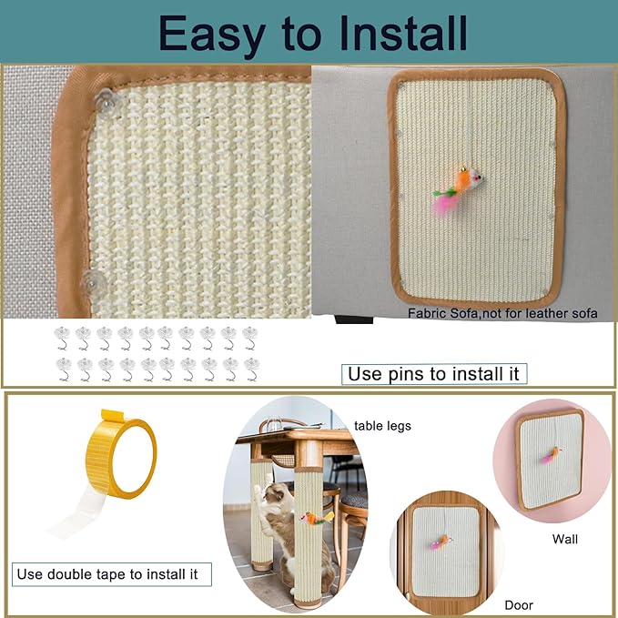 2 Pcs Natural Sisal Cat Scratcher Mat,Cat Scratching Pad with A Play Toy for Protector Fabric Sofa,Wall,Furniture and Door from Kittens Scratching