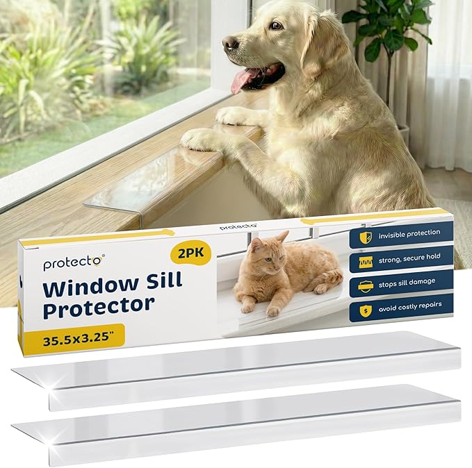 PROTECTO 2-Pack Window Sill Protector from Dogs 35.5 x 3.25 Clear Window Guards from Cats Scratching, Chewing & Clawing | Keep Your Sills Smooth & Paws Safe | Ultra Strong Window Sill Cover Protection