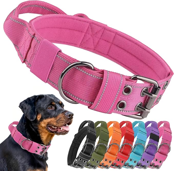 Tactical Dog Collar with Control Handle, Military Adjustable Pet Collar Reflective Heavy Metal Buckle Dog Collar, Soft Nylon Training Collar for Medium Large Dogs (Rose Red, X-Large)