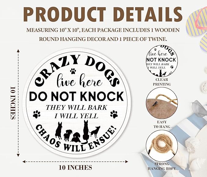 Crazy Dogs Live Here Hanging Sign, Please Do Not Knock Or Ring Doorbell Hanger For House Gate Fence Yard Front Door, Funny Wooden Round Door Sign For Outdoor Porch -07