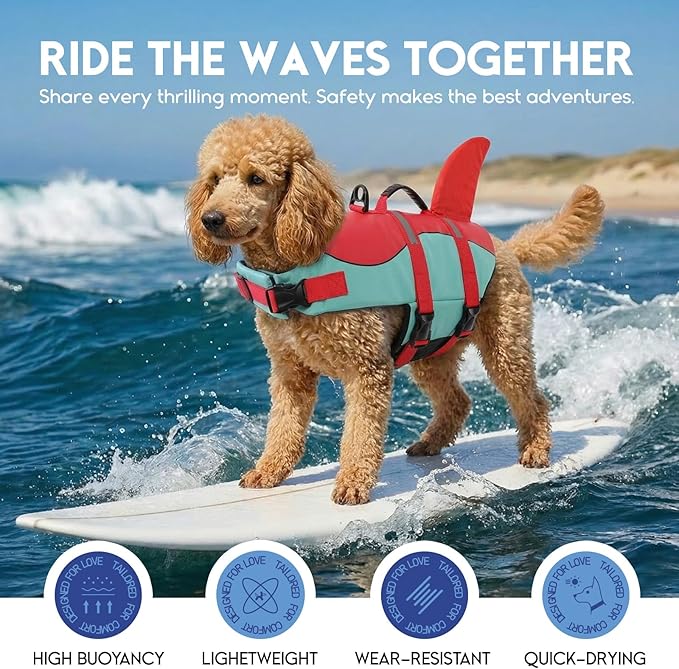 ASENKU Dog Life Jacket - Pet Safety Vest for Swimming & Boating, Shark Life Jacket with Floatation, Dog Lifesavers Swimsuits for Small Medium Large Dogs (RedGreen, S)