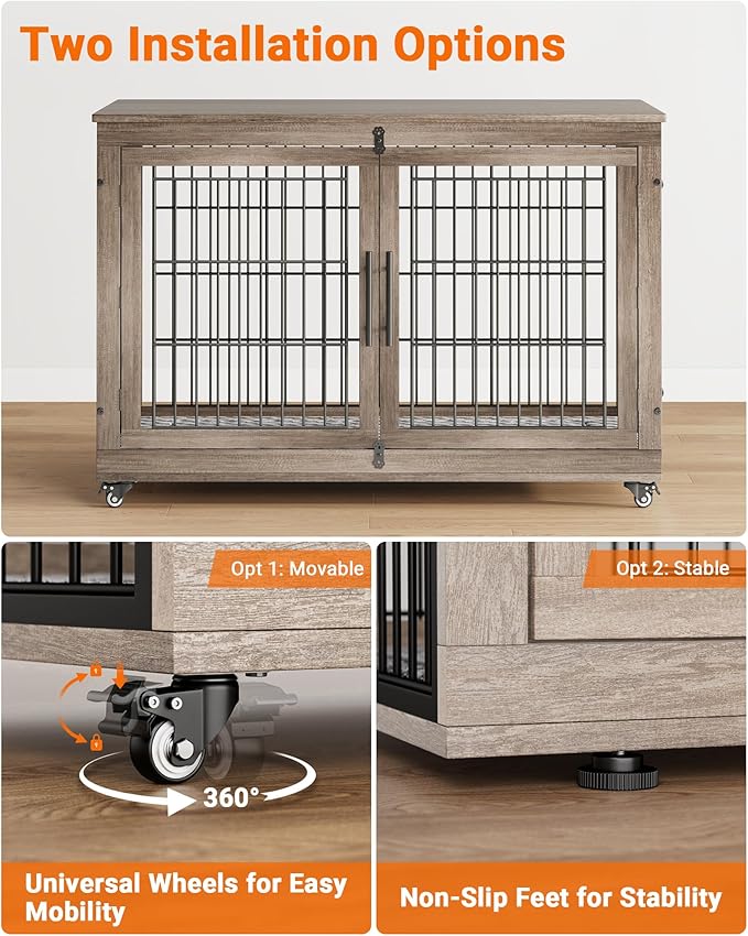 Dog Crate Furniture with Cushion Set of 2, Wooden Dog Kennel Indoor with Double Doors, Dog Cage with Wheels, Dog House Side End Table for Large Dogs up to 85 lb, 44" L, Grey