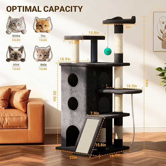 【Tank-Sturdy Tower】 PetDance Heavy Duty Cat Tree for Cats Fits Kittens to XL Maine Coons, Cat Tower with Scratching Posts, Cat Climber with 3 Spacious Hideaway, Dark Gray