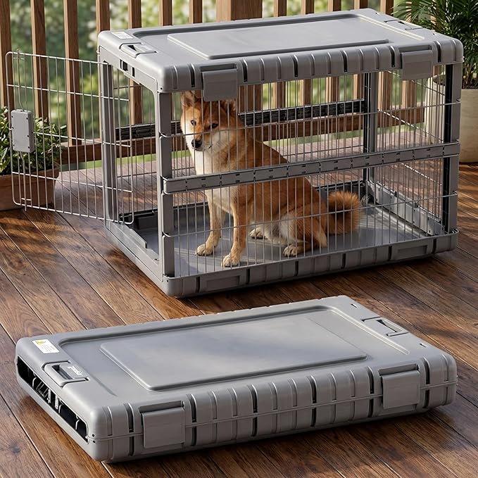 Collapsible Dog Crate for Large Dogs - 36"L Heavy Duty Dog Kennel No Tools Required with 4 Sides Steel Foldable Cage for Dogs Indoor Furniture, Portable Carrier with 2 Smooth Wheels, Gunmetal