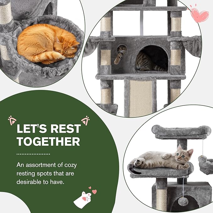 IMUsee 68 Inches Multi-Level Large Cat Tree for Large Kitties/Big Cat Tower with Condo/Cozy Plush Perches/Sisal Scratching Posts and Hammocks/ ‌Feline Activity Center Play House/Grey