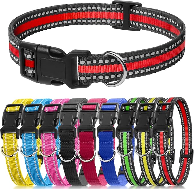 PetJoy 3-Pack Dog Collar - Quick-Release Buckle & D-Rings - Reflective Multi-Color (R/Y/G) - Adjustable 8-27" for Most E-Collars - Durable Waterproof Nylon