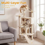 PETSITE 52-inch Cat Tree, Multi-Level Cat Tower with Sisal Scratching Posts, 2 Comfy Condos, Plush Padded Soft Top Perch, Dangling Balls, and Climbing Ladder, Ideal for Indoor Cats (Beige)