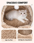 BurgeonNest 20-Inch Round Cat Bed Cave, Enclosed Hooded Pet House for Indoor Kittens, Anti-Collapse EVA Shell with Cord Access for Heating Pad, Washable Soft Plush, Brown