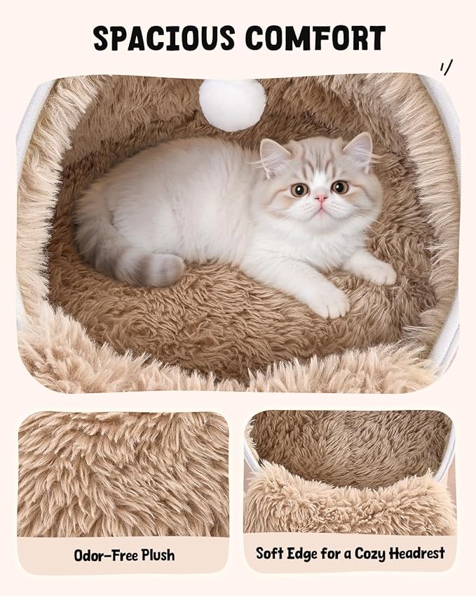 BurgeonNest 20-Inch Round Cat Bed Cave, Enclosed Hooded Pet House for Indoor Kittens, Anti-Collapse EVA Shell with Cord Access for Heating Pad, Washable Soft Plush, Brown