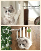 FourFurPets Large Cat Tree with Leaves, 72.8-Inch Cat Tower for Indoor Cats, Modern Cat Tree with Scratching Post, Large Perch, Tunnels, Swing Ball, Self Groomer, Greige