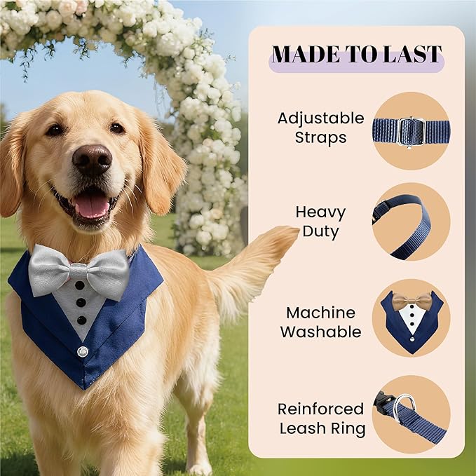 AVERYDAY Dog Tuxedo Bandana Collar for Wedding Outfit, Dog Tux Costume with Bowtie, Pet Harness with Leash Ring for Birthday Party Christmas, Formal Wear Suit and Tie for Small Medium Large Breeds