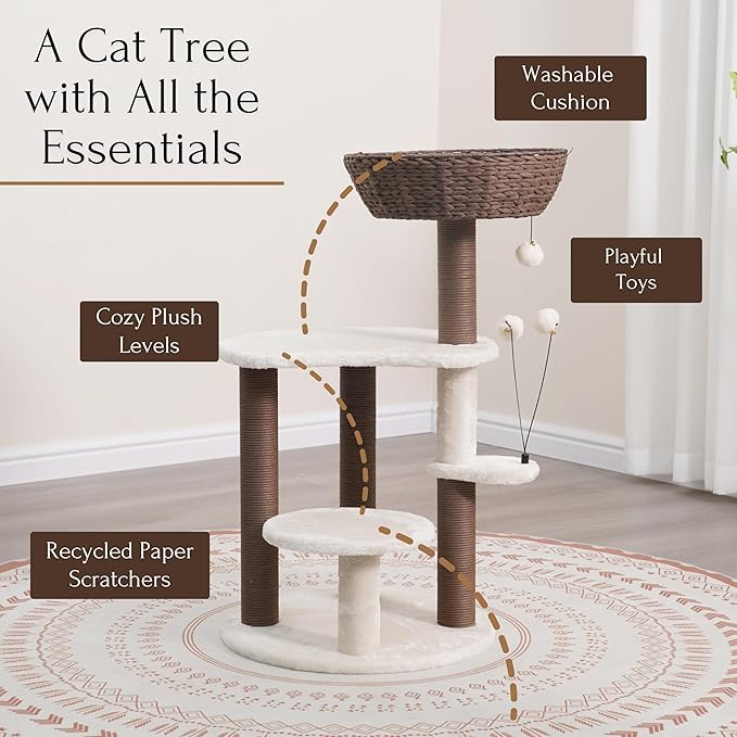 PetPals 5-Level 35" Cat Tree Tower with Paper Handwoven Basket Bed,Multi-Level Climbing Activity Tower with Replaceable Paper Rope Scratching Posts (Cream and Brown)