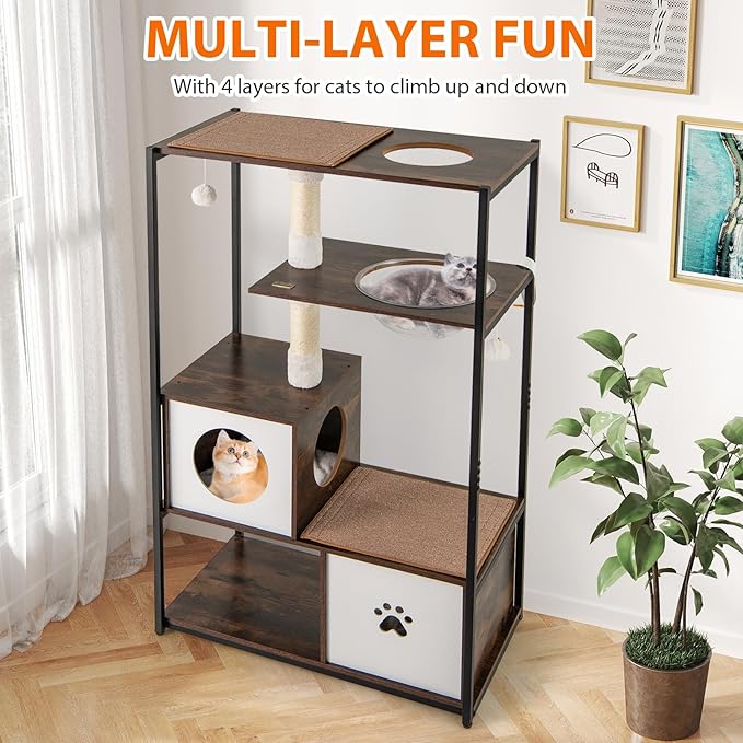 PETSITE 52 Inch Modern Cat Tree with 2 Cat Condos, Multi-Level Cat Tower with Sisal Scratching Posts, Dangling Balls, Removable Soft Cushion and Scratching Pads, Space Capsule, and Anti-Tipping Kits