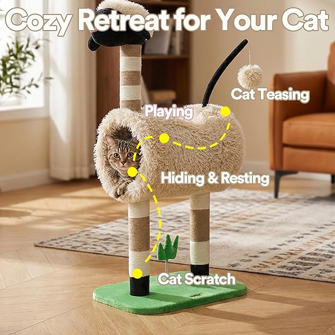 ZEZE Tunnel Cat Tree Condo for Indoor Cats, Animal-Themed Cat Tower with Cozy Tunnel Hideout, 3 Sisal Scratching Posts, Hanging Ball Toy, Thick Base (Sheep)